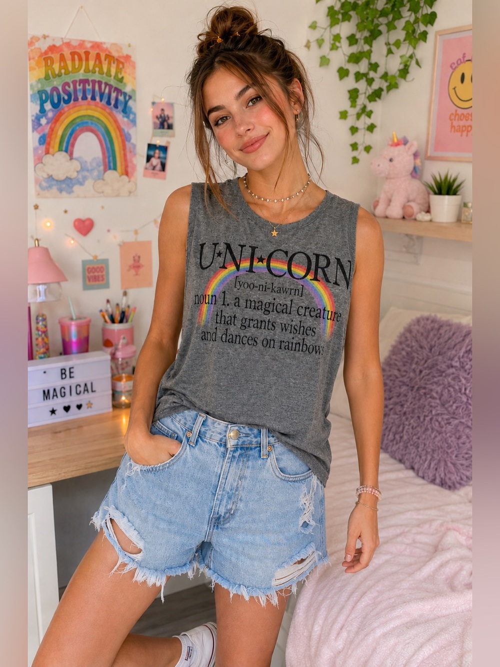 BLACK MATTER Unicorn Rainbow Muscle Gray Tank EUC